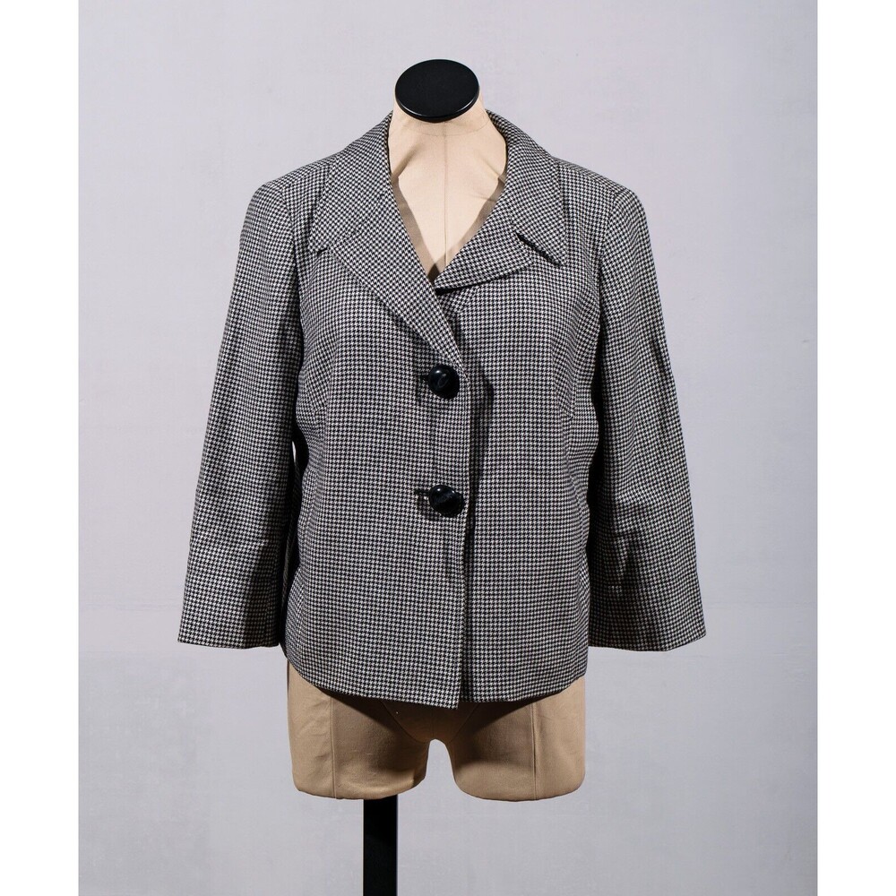 Talbots 70% Wool Black & White Houndstooth Career Blazer Jacket Shrug Sz 14